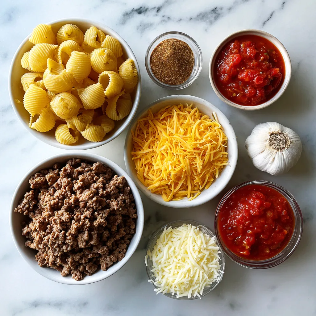 ingredient One pot creamy taco pasta with ground beef featuring tender shells in cheese sauce with seasoned meat