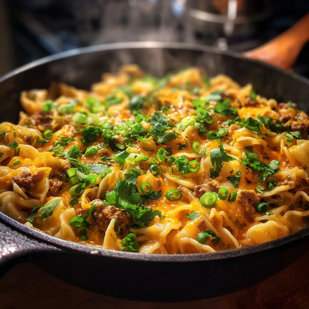 One pot creamy taco pasta with ground beef featuring tender shells in cheese sauce with seasoned meat