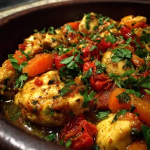 One pot Moroccan chicken meal prep with spice-rubbed chicken thighs over brown rice in Dutch oven, and assembled meal prep bowls with fresh vegetables, olives, almonds, and chermoula sauce