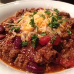 Slow cooker chili with ground beef kidney beans black beans and tomatoes topped with sour cream and cheese