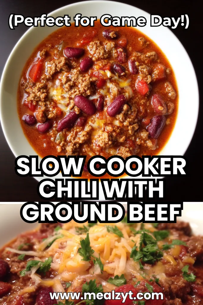 Slow cooker chili with ground beef kidney beans black beans and tomatoes topped with sour cream and cheese