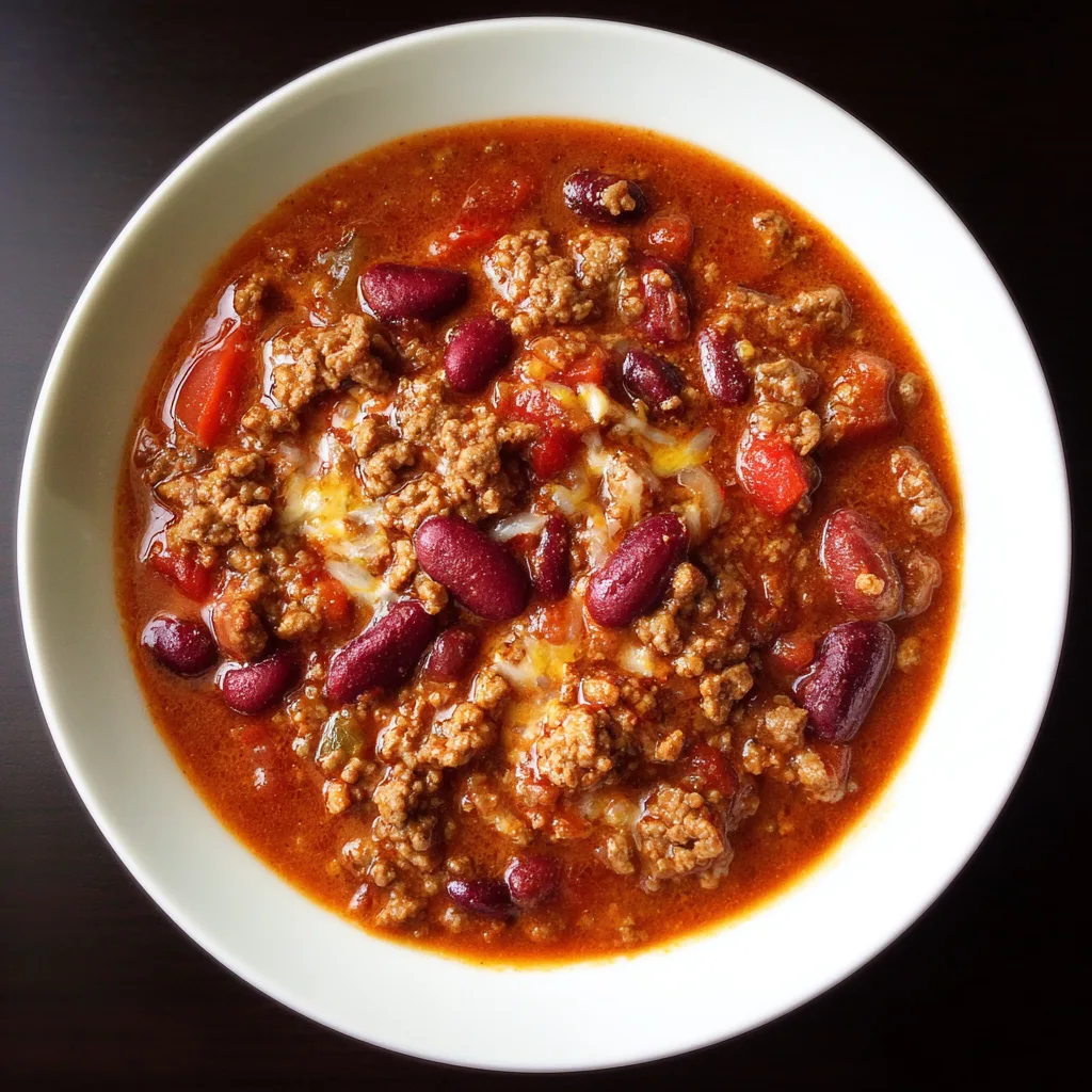 Slow cooker chili with ground beef kidney beans black beans and tomatoes topped with sour cream and cheese