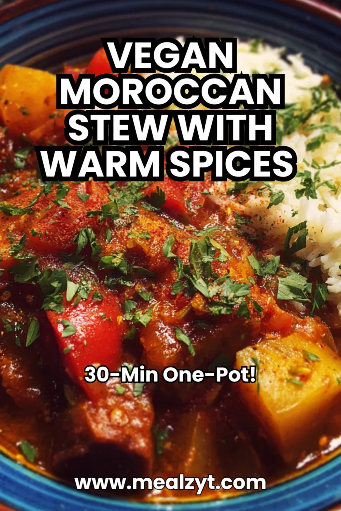 Vegan Moroccan stew warm spices with cubed sweet potatoes, gold potatoes, carrots, chickpeas, green lentils, diced tomatoes, and wilted kale in aromatic broth seasoned with cumin, cinnamon, coriander, ginger, and allspice