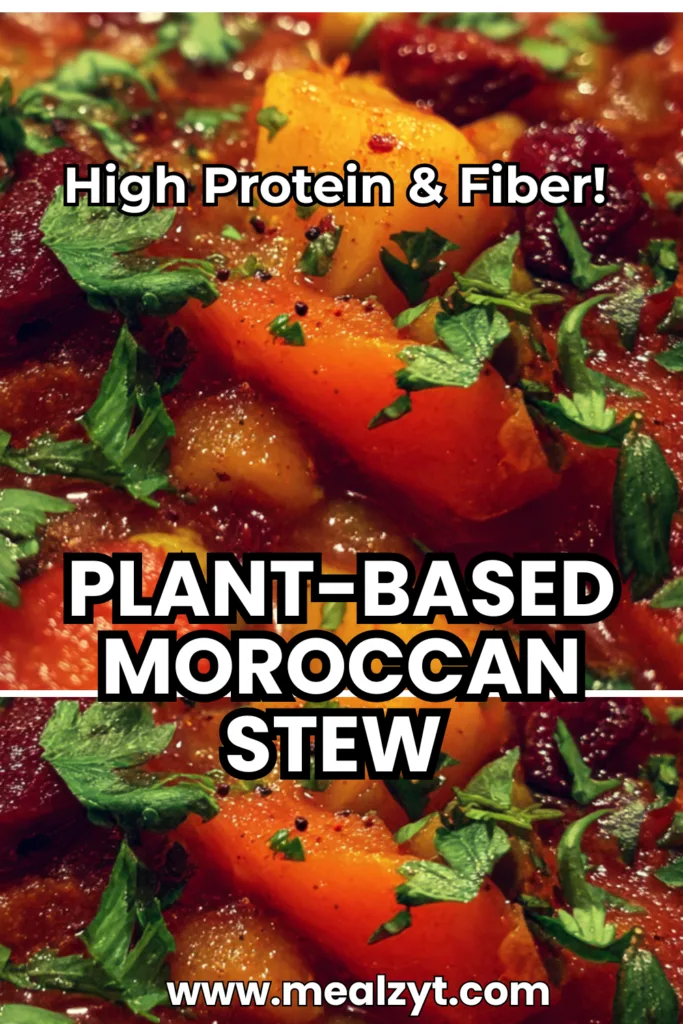 Vegan Moroccan stew warm spices with cubed sweet potatoes, gold potatoes, carrots, chickpeas, green lentils, diced tomatoes, and wilted kale in aromatic broth seasoned with cumin, cinnamon, coriander, ginger, and allspice