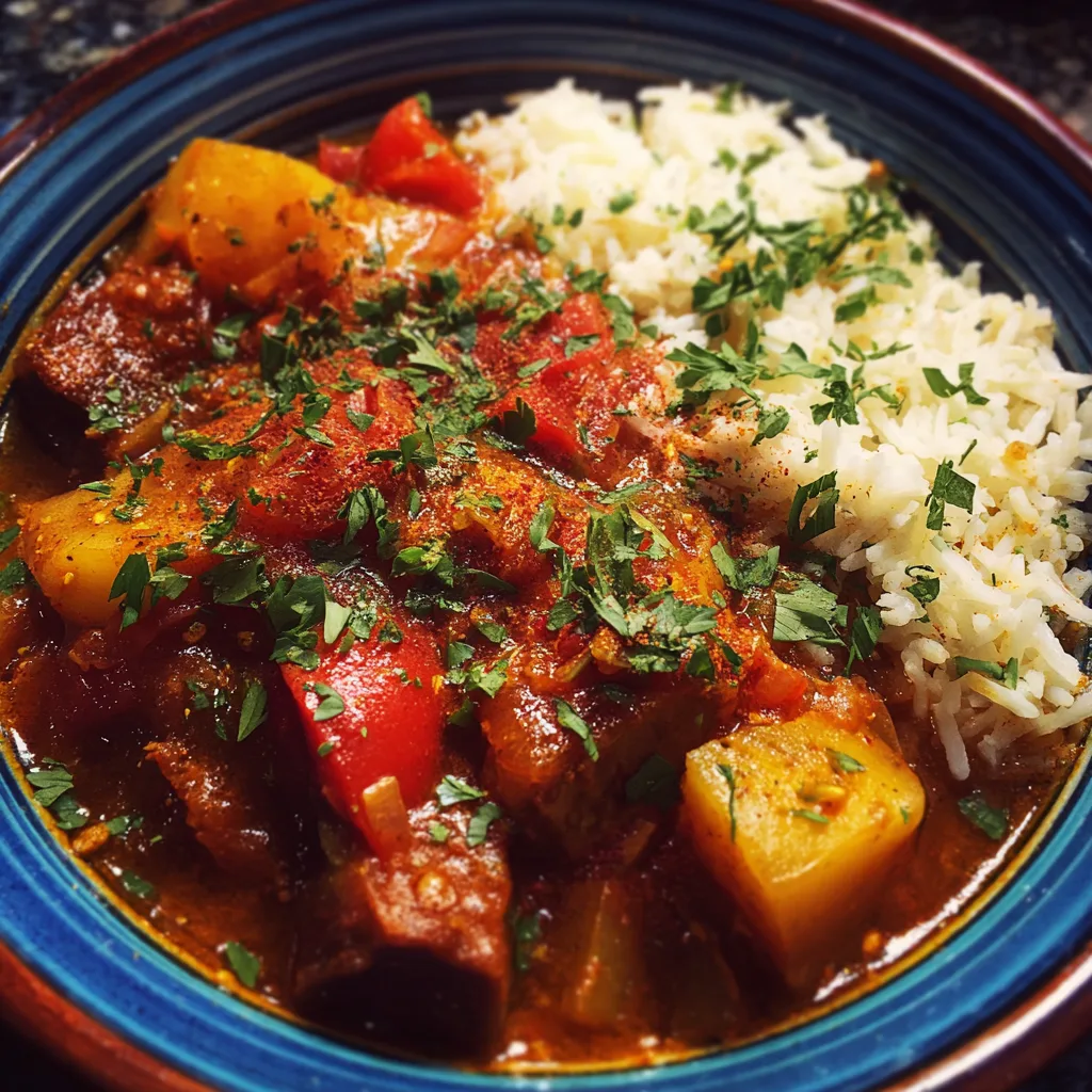 Vegan Moroccan stew warm spices with cubed sweet potatoes, gold potatoes, carrots, chickpeas, green lentils, diced tomatoes, and wilted kale in aromatic broth seasoned with cumin, cinnamon, coriander, ginger, and allspice