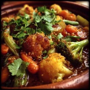 Vegetarian Moroccan one pot weeknights with fluffy couscous, chickpeas, diced bell peppers, carrots, red onions in aromatic broth seasoned with cumin, coriander, paprika, turmeric, cinnamon, and cayenne pepper, garnished with fresh parsley and lemon zest